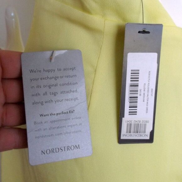new LULUS Midi Dress, M, Yellow, Open Back, Halter/Buttons, Single vent - Picture 14 of 15